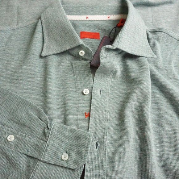 Isaia Napoli Jersey Piquet Wash Green Long Sleeve Cotton Polo Shirt 3XL NEW